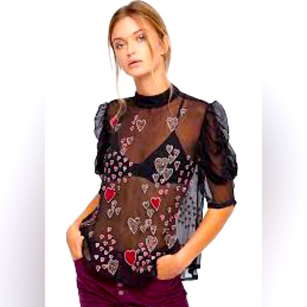 Free People So in Love Embroidered Sheer Blouse, Sz M, NWT